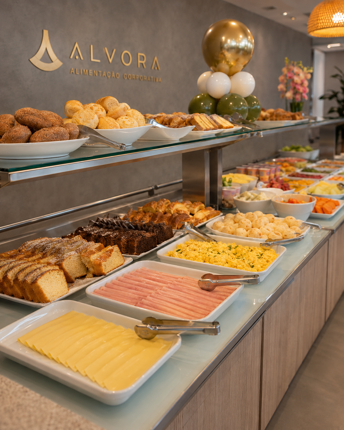 Buffet corporativo moderno com variedade de pães, bolos, frios e frutas