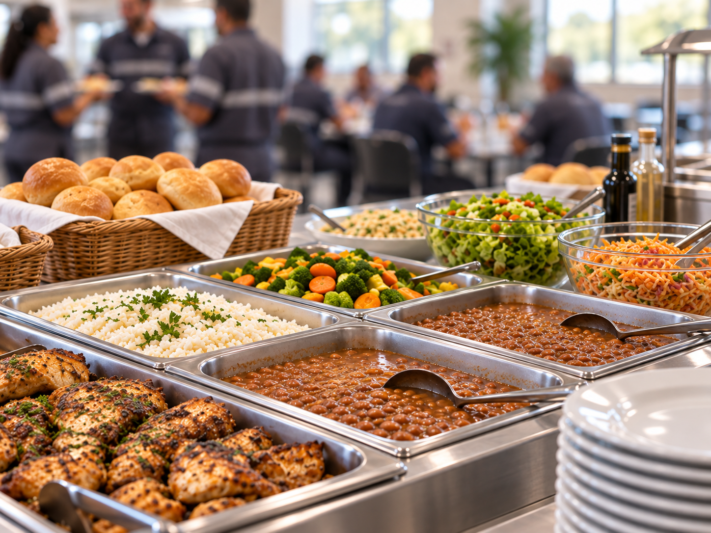 Buffet de evento corporativo em refeitório empresarial com colaboradores