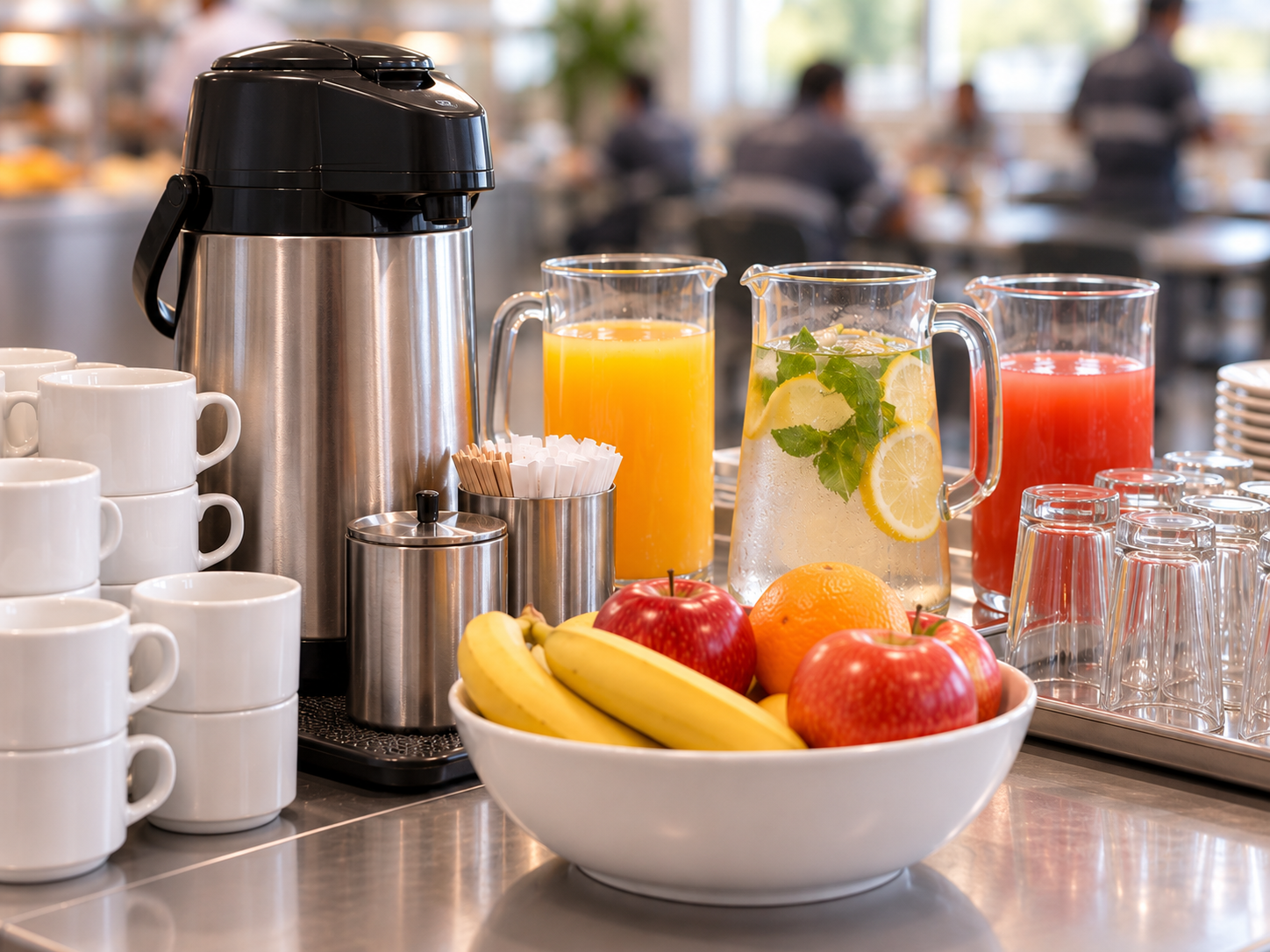 Estação de bebidas corporativa com café, sucos, água saborizada, copos e frutas