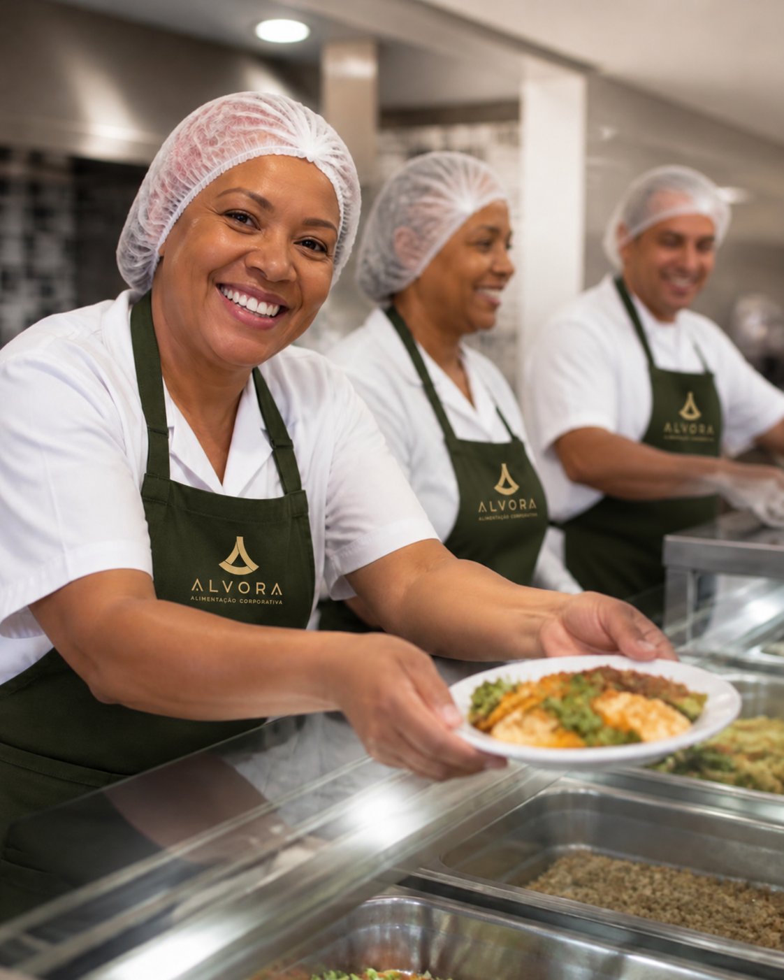 Equipe da Alvora servindo refeições com atendimento acolhedor no refeitório corporativo