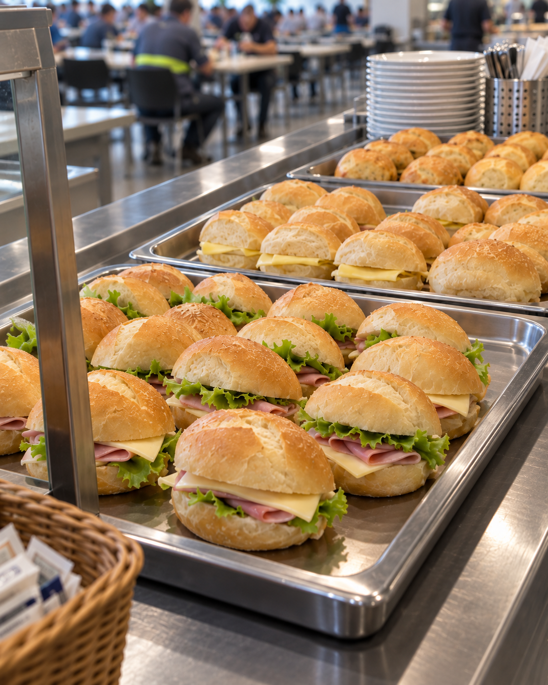 Bandejas organizadas com lanches prontos em refeitório corporativo