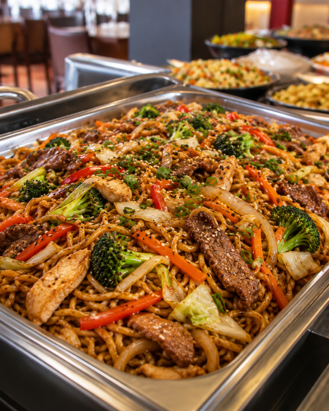 Yakisoba com legumes e proteínas servido em buffet corporativo