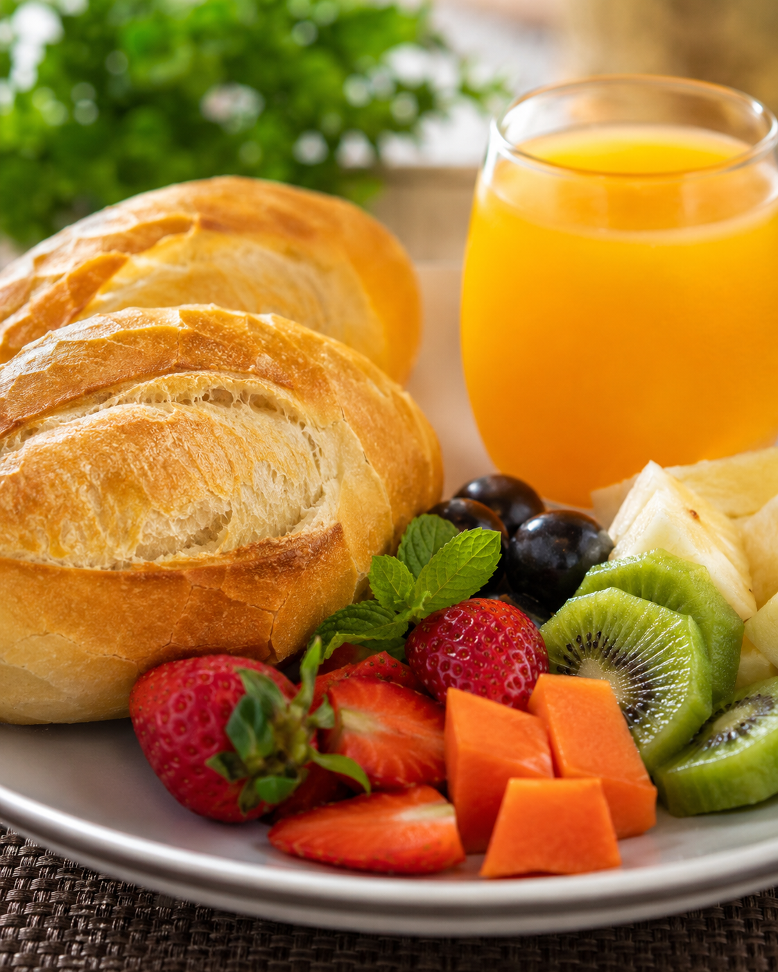 Café da manhã fresco com pães, frutas variadas e suco de laranja