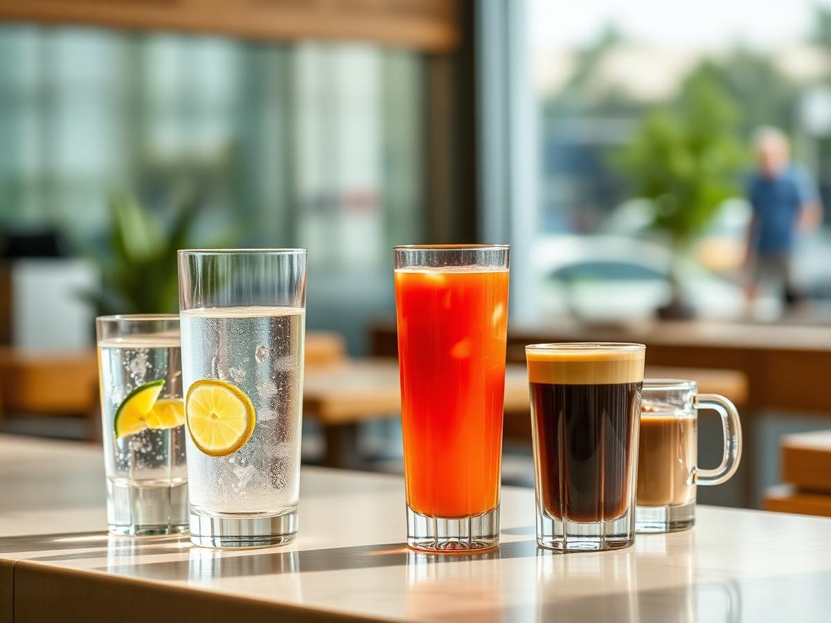 Sucos naturais, água e café servidos em restaurante corporativo