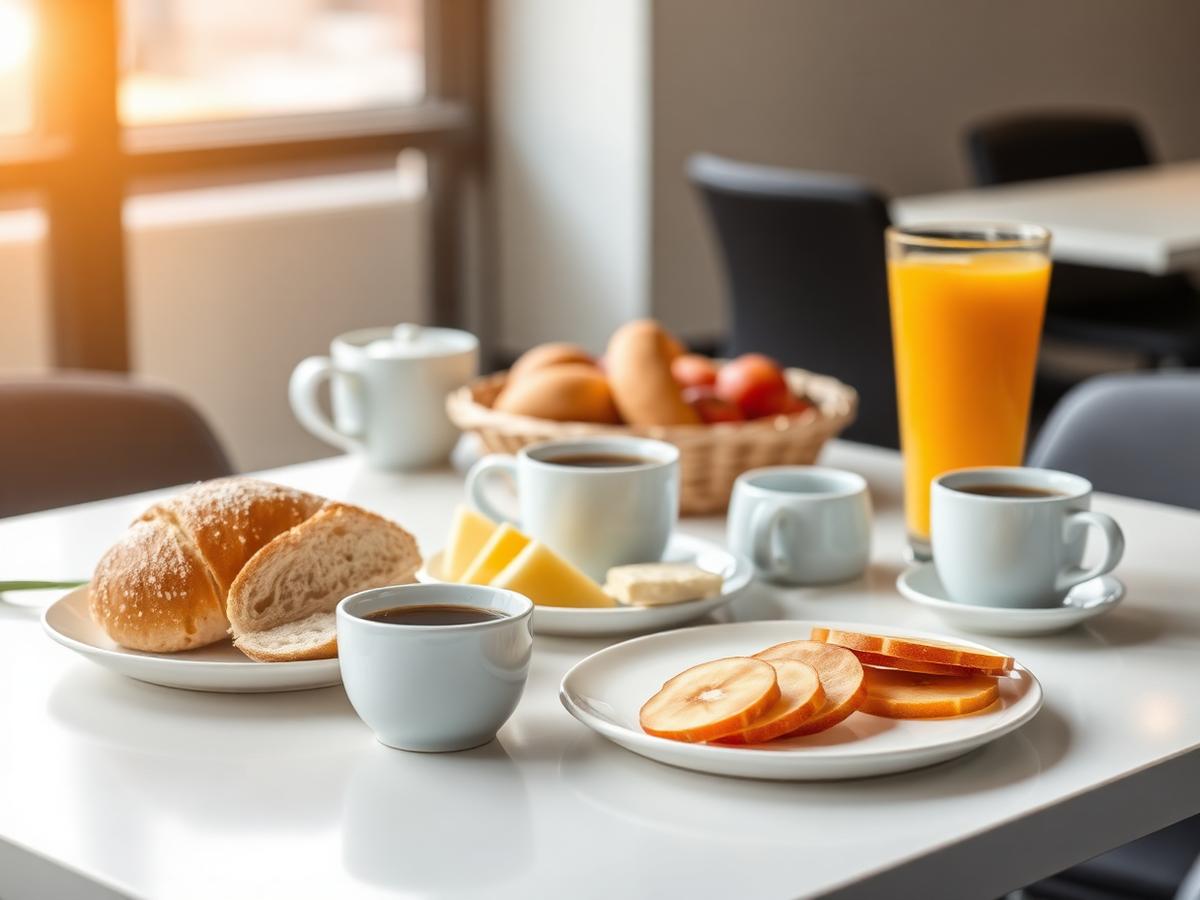 Mesa de café da manhã corporativo com pães, frutas, café e suco