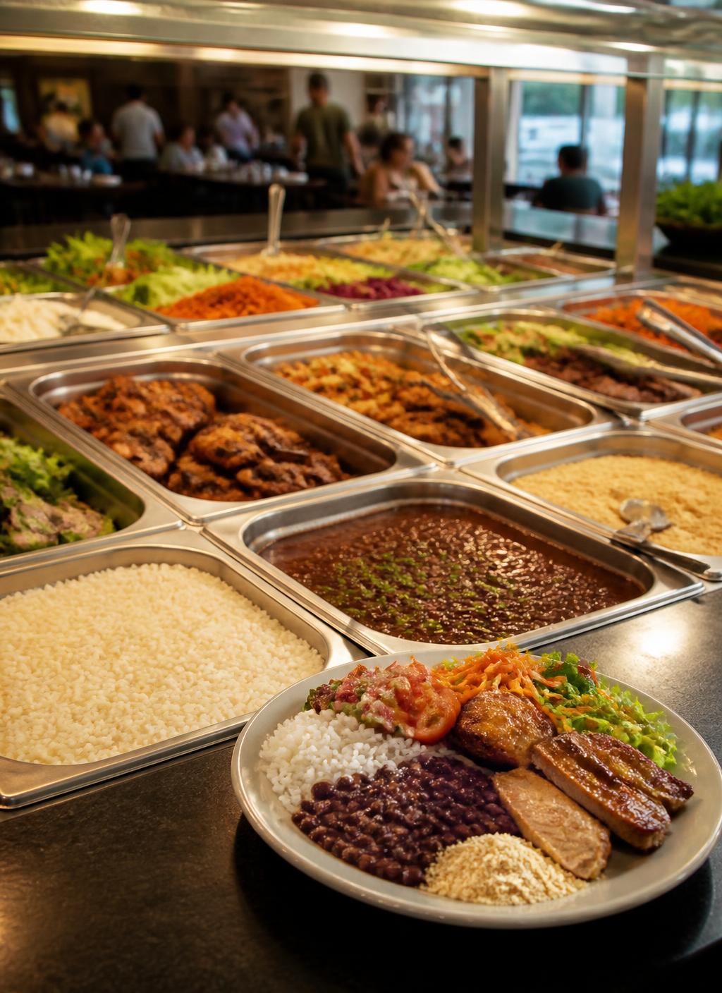 Buffet corporativo completo com prato montado em primeiro plano