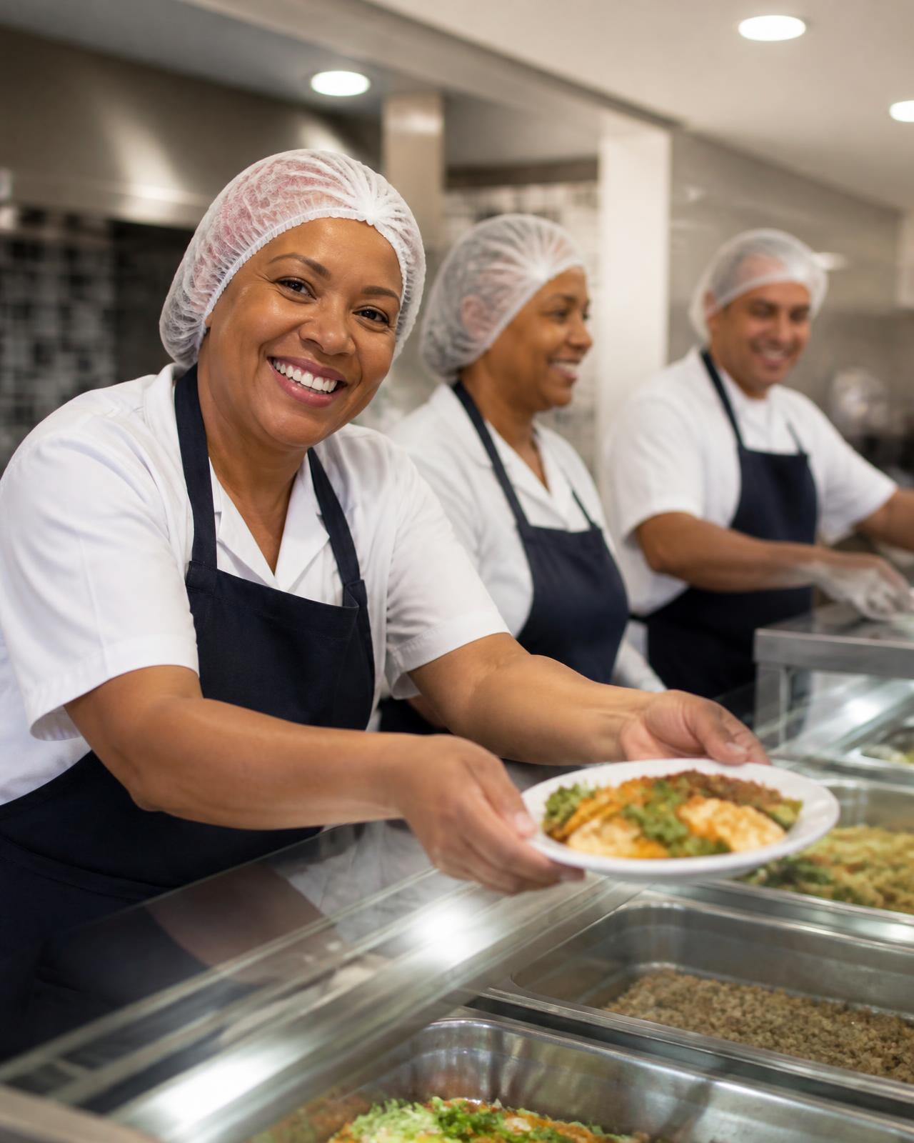 Equipe de cozinha da Alvora servindo refeições em restaurante empresarial